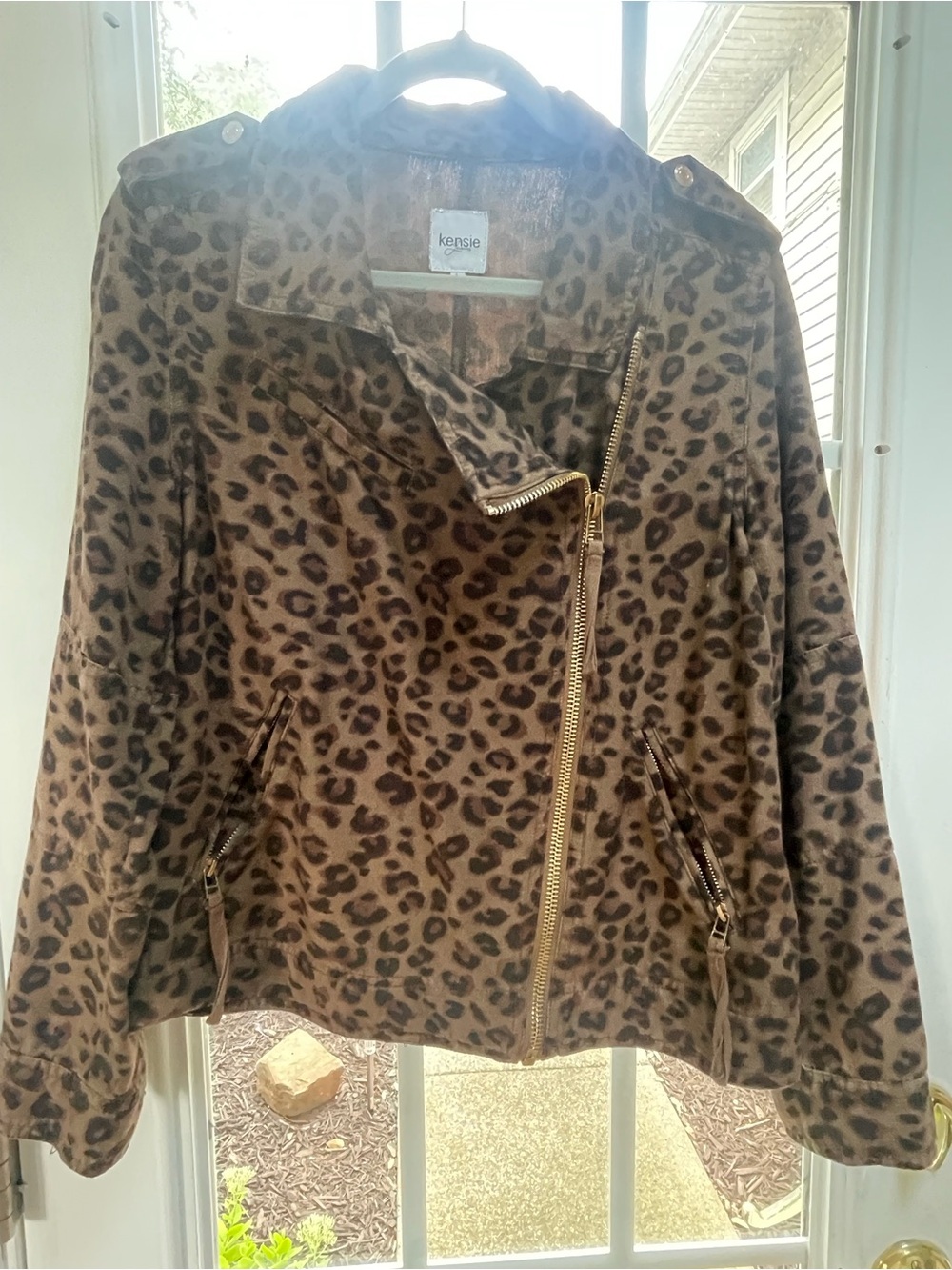 Kensie Leopard Print Faux Suede Moto Jacket - Brown/Black